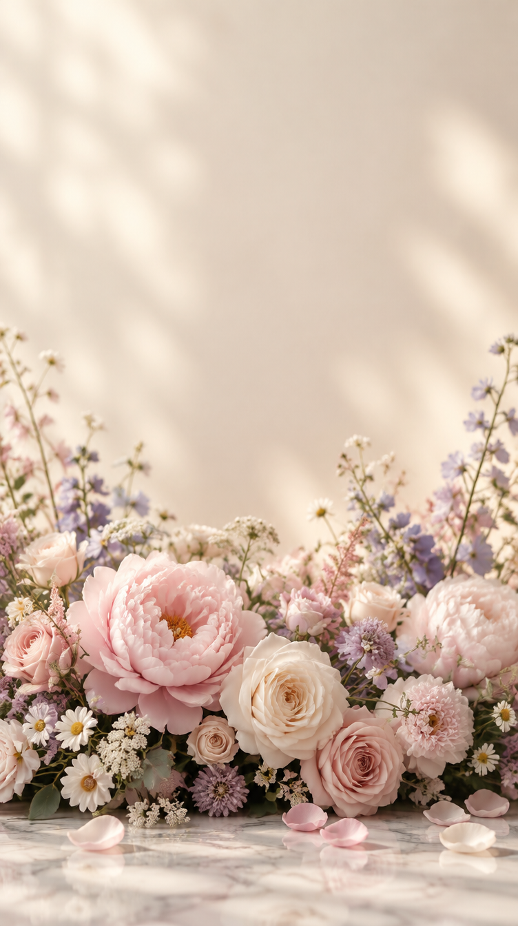 Frodige pæoner, roser og vilde blomster i blush, creme og lavendel på marmor