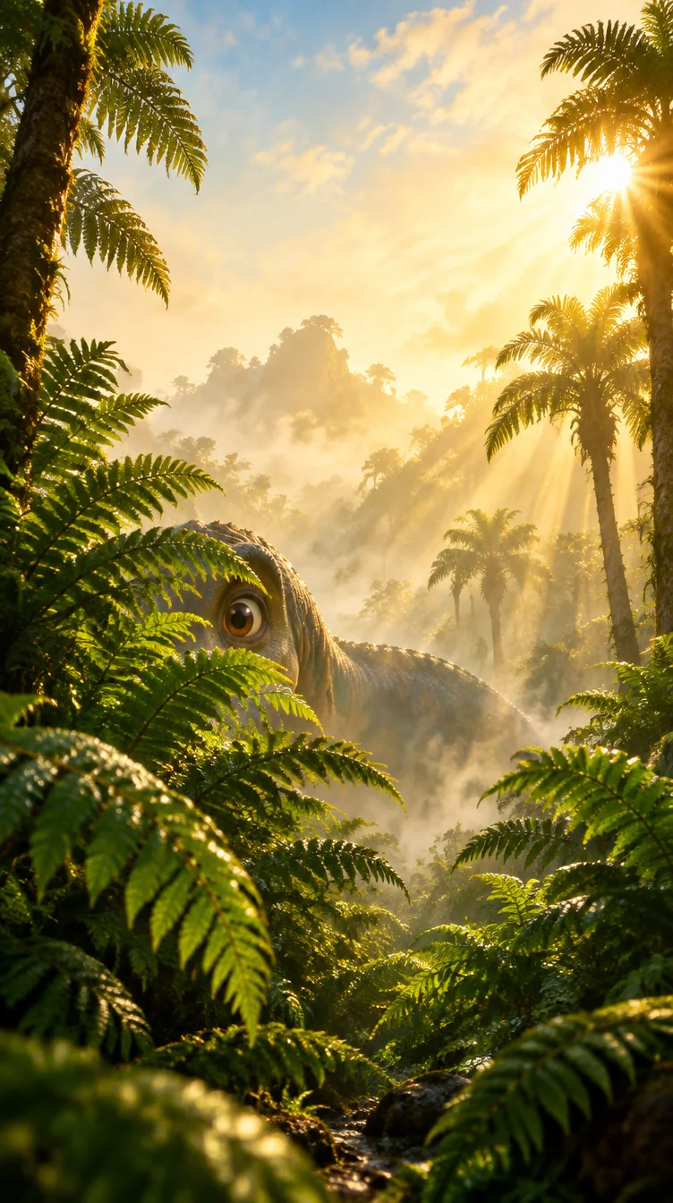 Morgenmist i en frodig forhistorisk jungle med et venligt dinosaurøje mellem bladene
